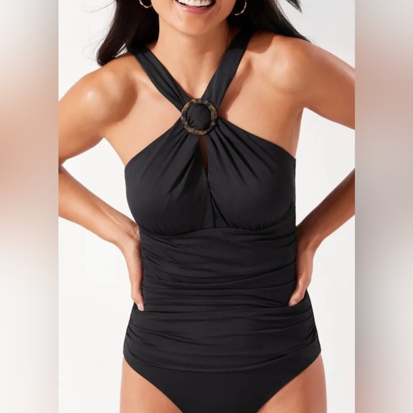 NWT Tommy Bahama Pearl High Neck 1 Piece Black Swimsuit Size 12 - Picture 1 of 7